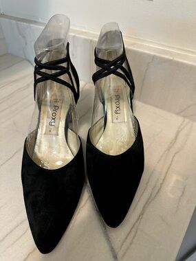 Proxy Black Suede Pointed-Toe Crisscross Ankle-Strap Heels